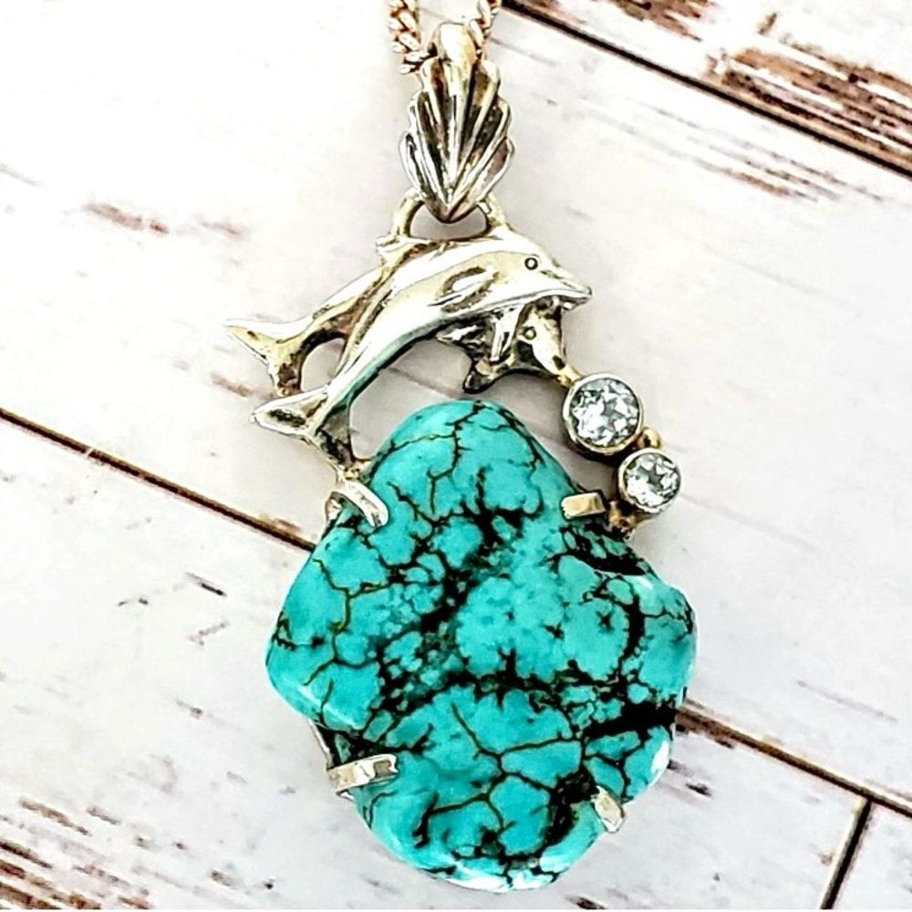 Turquoise & Topaz Dolphin Pendent